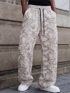 Men's Straight Leg Long Pants, Fashion Street Style, Creative Tree Camouflage Print, Versatile Fitted Mid-Waist Sweatpants, Casual Streetwear