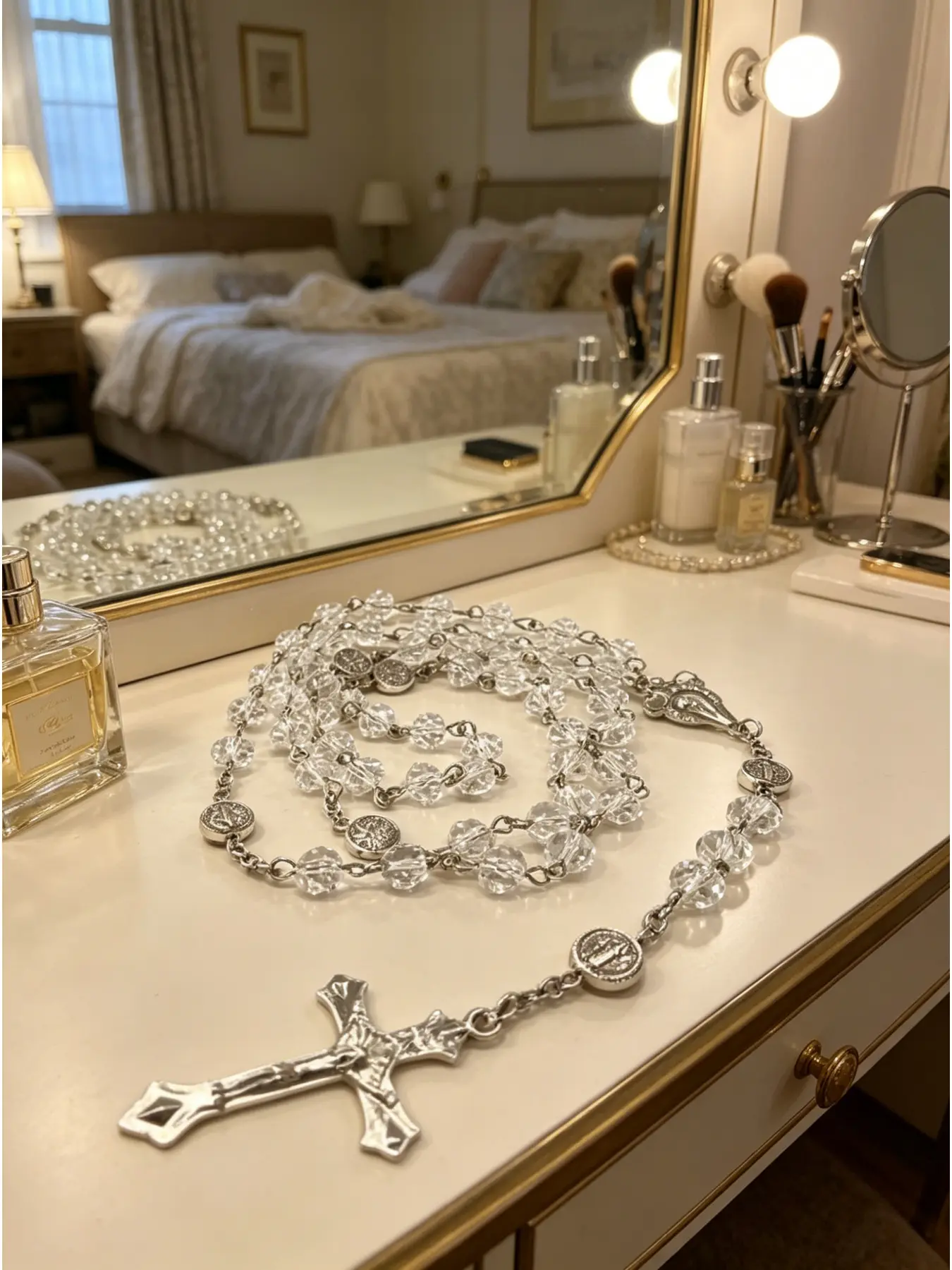 Catholic Christmas Gift: Crystal Catholic Rosary Bead Cross Necklace, Bling Necklace, Beaded Cross Necklace, Suitable for Christmas, New Year, available in white, red, green, black, beige, and yello