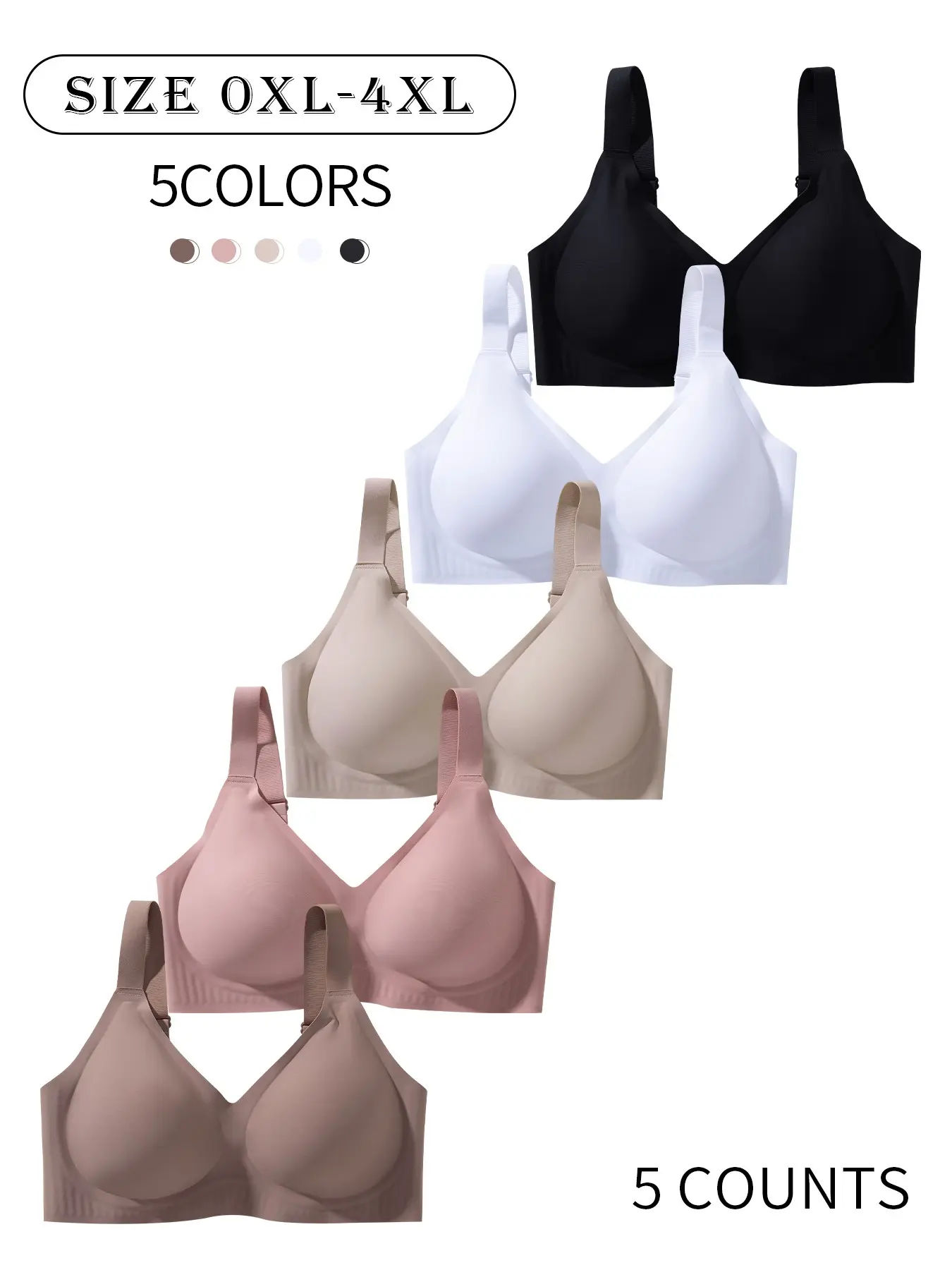 5 Pack/5 colors Plus size wireless seamless jelly women's bra, Non wired bra, four-row four-hook adjustable strap, sizes 0XL-4XL, shaping, lifting, suitable for daily/casual/commuting