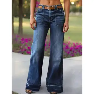 Women's High-Waisted Straight-Leg Denim Jeans, Vintage Style Fitted Jeans with Frayed Hem, Casual All-Season Wear