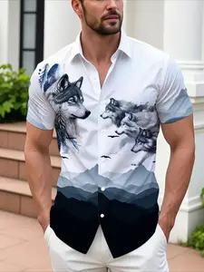 Men's Casual Fashion Short Sleeve Shirt, Ink Wash Style Mountain Wolf & Bird  Print, Breathable Mesh Fabric, Comfortable for Daily Commute & Outdoor Wear, Trendy Personality Top