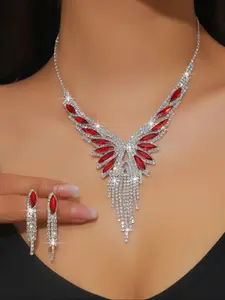 Women's Elegant Rhinestone Decorated Jewelry Set, Fashionable Jewelry Set, Exquisite Trendy Tassel Design Necklace & Dangle Earrings, Chic Jewelry Set for Party Decoration, Matching Jewelry Set, Maximalist Jewelry, Glamour Set