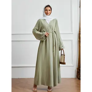 Elegant Sage Green Embroidered Abaya Modest Wrap Maxi Dress | Free Size One-Size-Fits-All | Perfect for Ramadan, Eid, Prayer & Minimalist Chic