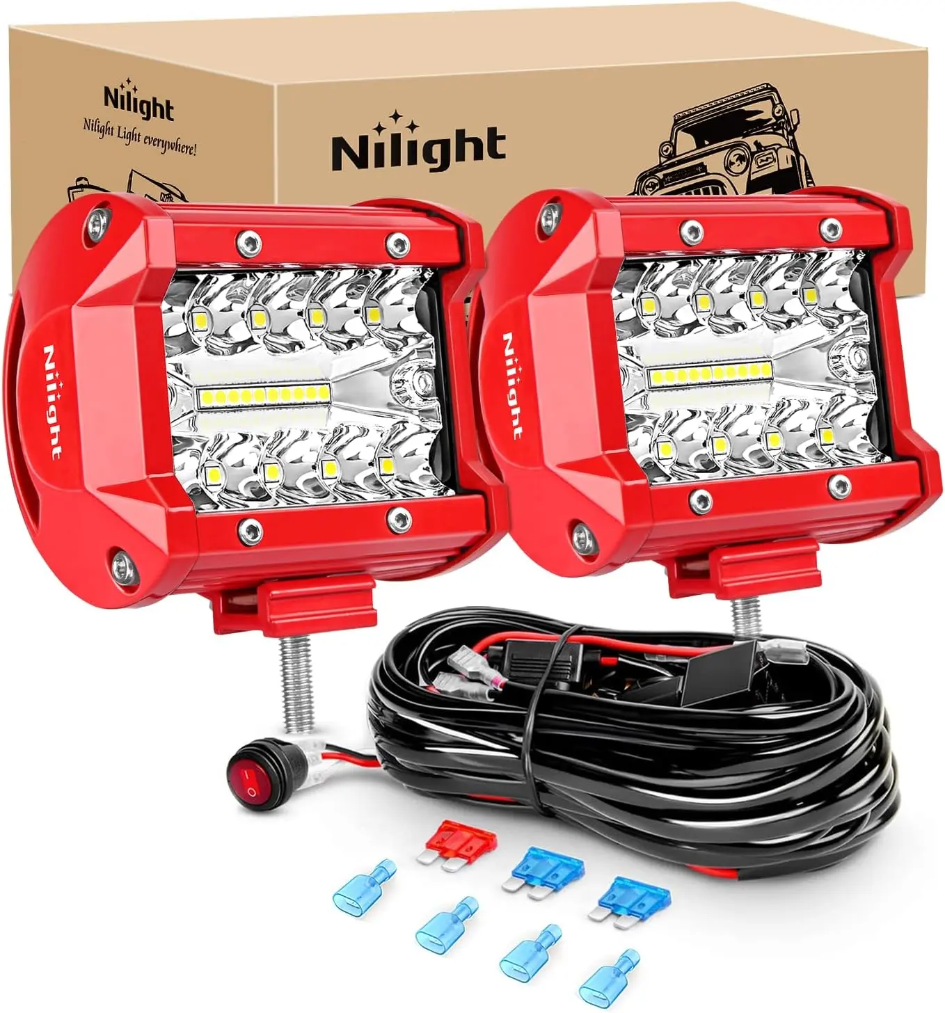 Nilight 2PCS 4Inch 60W Aluminum Triple Row Spot-Flood Combo LED Light Bars, Car Auxiliary LED Lights with Wiring Kit, Off-Road Truck Accessories, Led Lights Car, Auxiliary Lights