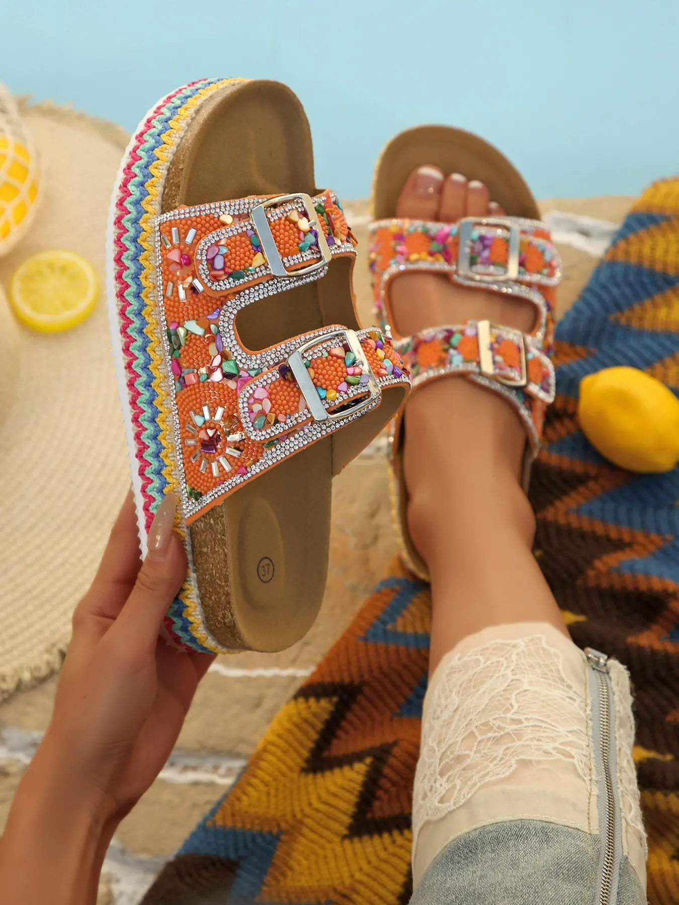 Boho Style Women's Rhinestone Beaded Thick Sole Glitter Sandals, Colorful Handmade Beaded Cork Slippers, Summer Slides Beach Non-Slip Shoes, Size 36-43, Footwear
