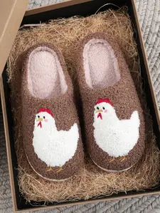 Soft Plush Hen Slippers, Fluffy Warm Home Slippers, Cute Chicken Embroidered Indoor Outdoor Shoes, Fall Winter Gift for Farm Parents