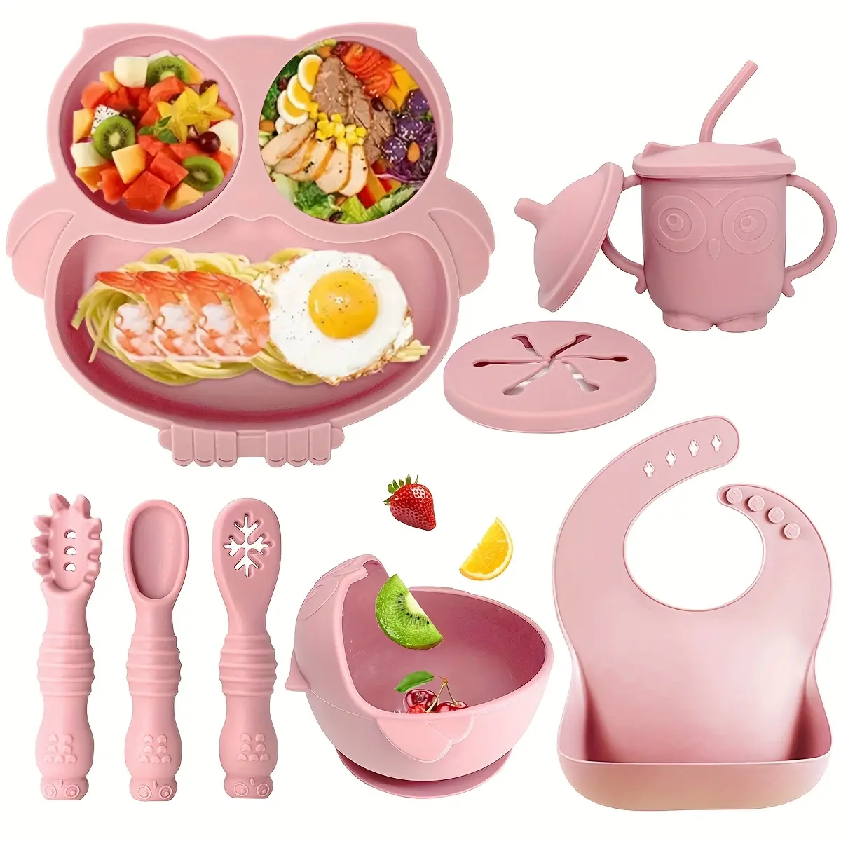 9-Piece Silicone Baby Feeding Set, Reusable Toddler Self-Feeding Kit with Adjustable Bib, No-Spill Suction Bowl, Divided Plate, Spoon, Fork, and Cup, Toddler Sippy Cup, Bowl + Spoon