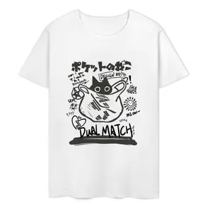 Summer Japanese Retro Pocket Cat Cartoon Printed Short Sleeve T-shirt Male Female Couples Unisex College Style Oversized Top