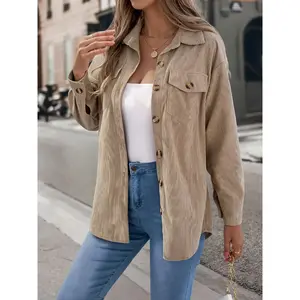 Women's solid color button down front corduroy jacket, autumn and winter casual off shoulder long sleeved jacket, women's daily clothingRAIMENTRY