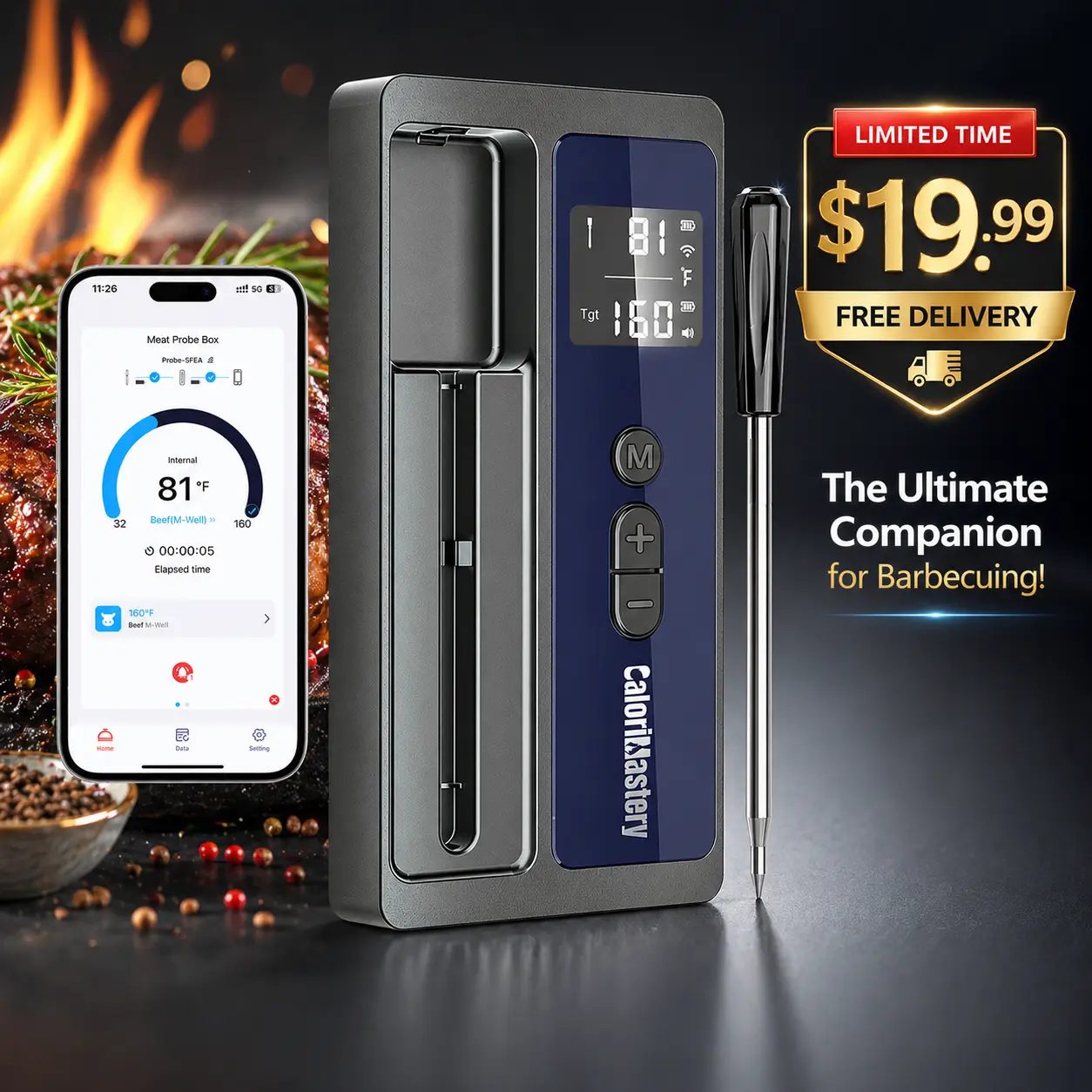 Wireless Smart Bluetooth Quick-Read Meat Thermometer for Kitchen Utensils - Digital BBQ Grill Oven Smoker Thermometer with 500ft Range, Ultra-Thin Wireless Probe, Ideal for Family Dinners, Gifting, Quick-Read Meat Thermometers