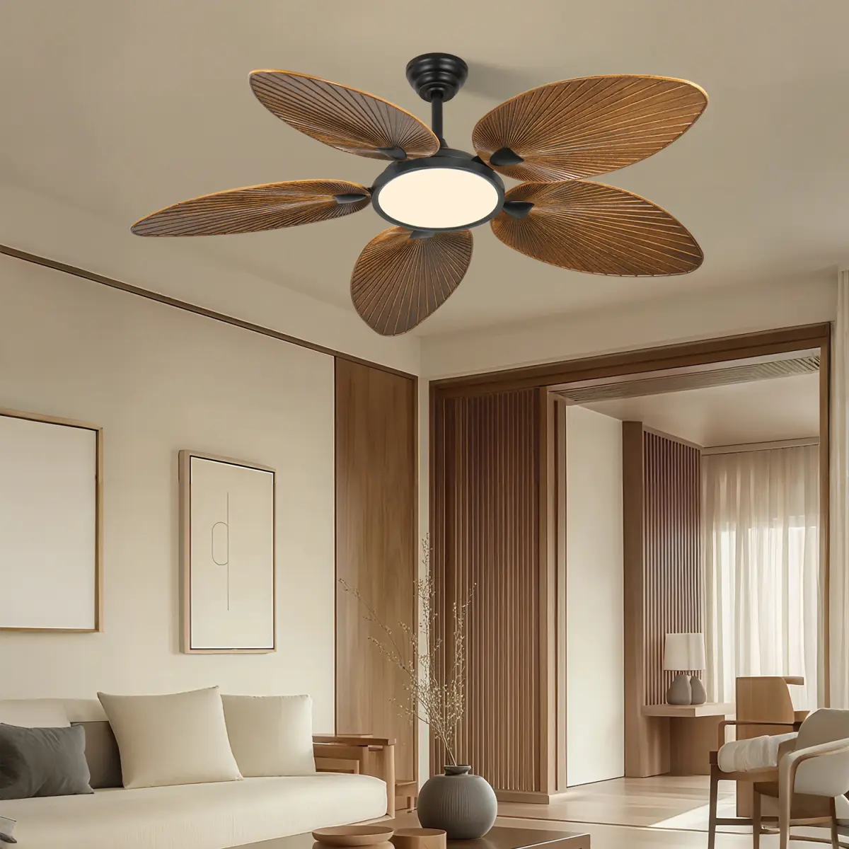 Aobtkel Palm Leaf Ceiling Fan with Light and Remote, 52 Inch Tropical Ceiling Fan with 5 Reversible Blades, Walnut Brown, 3 Color LED Light 3000K 4000K 6000K, Quiet Under 35dB, 1/2/4H Timer for Bedroom, Living Room, Patio, Porch, Coastal Farmhouse