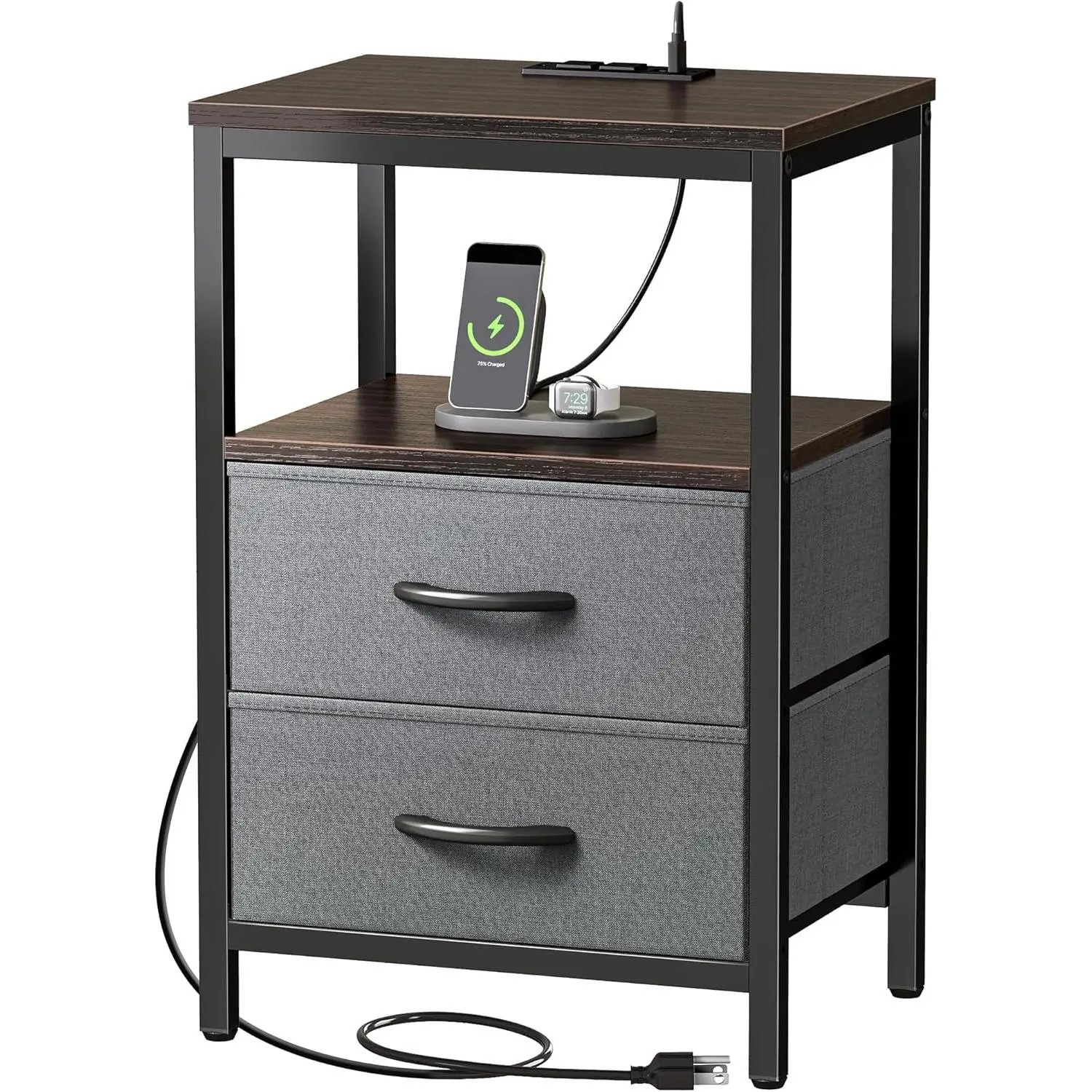 Nightstand with  Station, Fabric Drawers, End Table with Open Shelf, Bedside Table with USB Ports and Outlets, Night Stand for Bedroom, Walnut