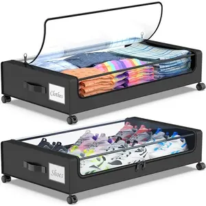 Under-bed Storage Container Set with Wheels, Under-bed Storage Containers with Transparent Lids And Labels, Under-bed Storage Boxes, XXL Large 15.85gal Metal Storage Drawer with Wheels for Clothing, Shoes, Toys, And Books., Under-Bed Storage