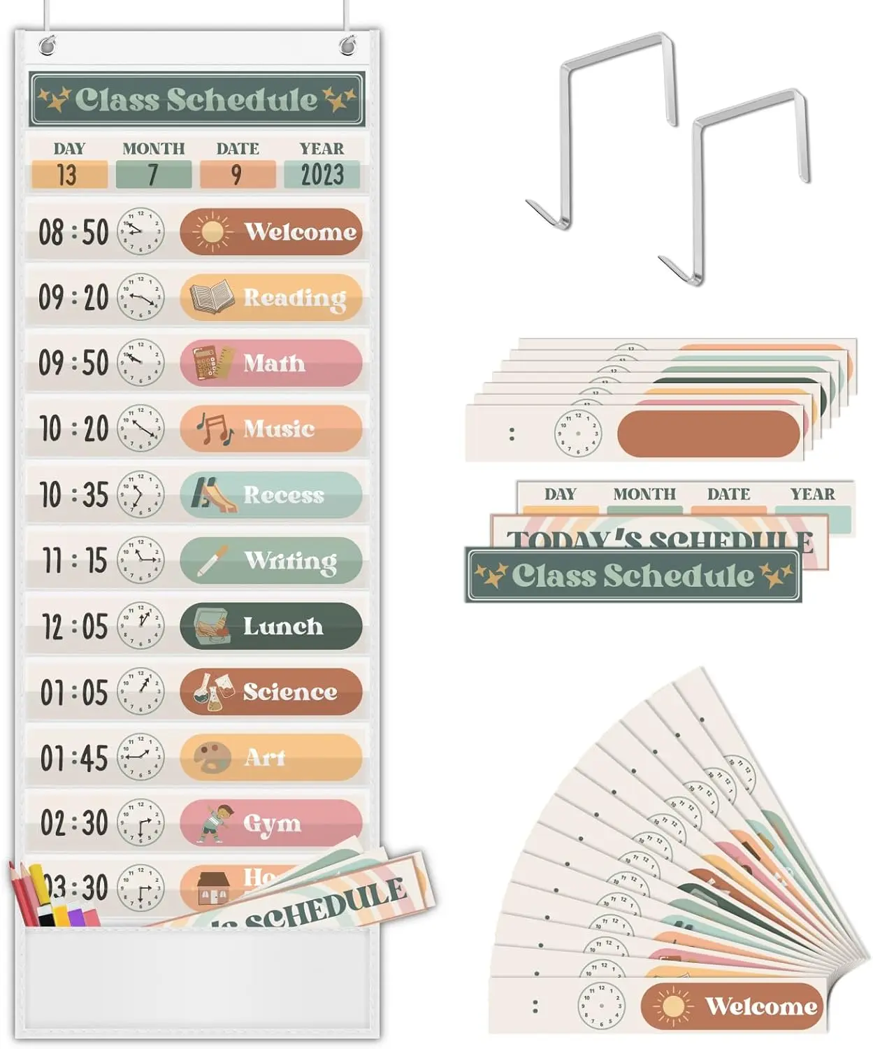 Boho Daily Schedule Pocket Chart for Classroom with 24 CardsWelcome  to School Classroom Decorations, White