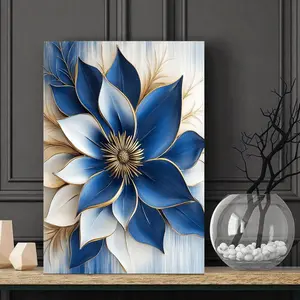Blue and Gold Floral Pattern Wooden Frame Canvas Painting Modern Art Wall Decoration for Home Living Room Bedroom Office Poster Wall Art Ornaments Artistic