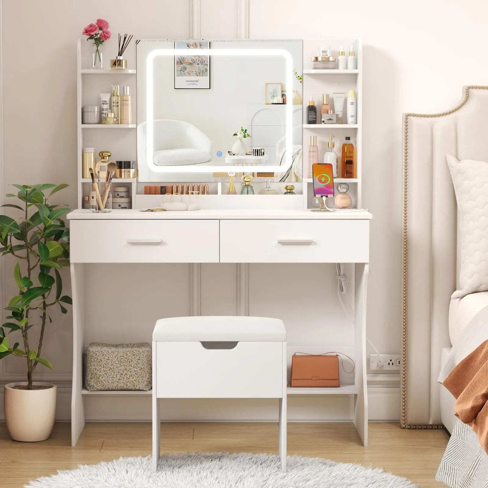 Lifewit Vanity with Mirror Adjustable Lighting, 2 Power Outlets/USB Ports, Makeup Desk with Storage Stool, 8 Open Shelves, 2 Drawers, Lipstick Holders,summerwins,dorm essentials,home decor
