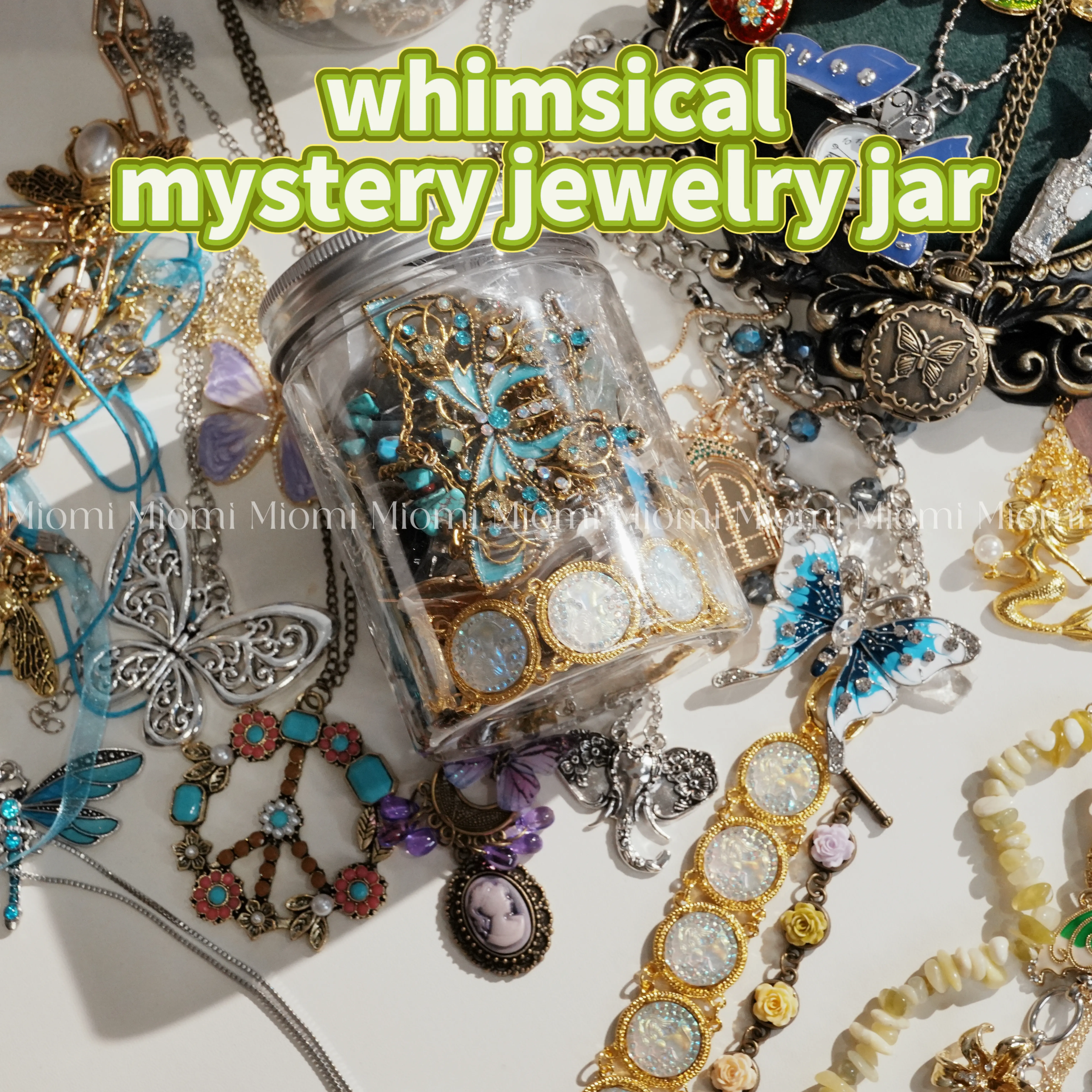 Miomi 31-32pcs Whimsical Mystery Jewelry Jar - Fairy Coquette Vintage Animal Themed Mix with Pearl, Bling Style Pieces, Ideal Whimsical Gifts for Wife