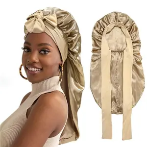 Women's Elastic Satin Bonnet Hats, 1pc Champagne Double-Layer Long Satin Bonnet, Adjustable Tie Band Night Sleeping Cap, Heatless Smooth Wrap for Braids Curly Hair,summerwins