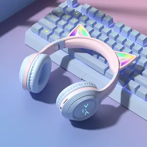 Cat Ear Headphones Wireless Bluetooth LED Light Up Foldable Over Ear Rechargeable with Built in Microphone for Phone Laptop Computer Kids Teens Adults