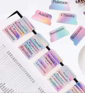 Rainbow Color Bible Tabs, 60 Large Print Laminated Decorative Labels, Embossed Gold Index Sticker Bookmarks for Bible Study (For Women and Men)