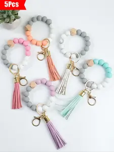 5-Piece Macaron Color Beaded Set with Silicone Beads and Tassel, Chic and Versatile for Keys or Bags, Stylish Keychain, Perfect Gift for Mom and Friends, Keychain Bag Pendant