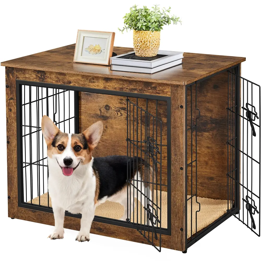 Yaheetech 32/40″L Dog Crate Furniture with Anti-skid Plush Mat Wooden Dog Kennel with Double Doors for Small/Medium Dogs