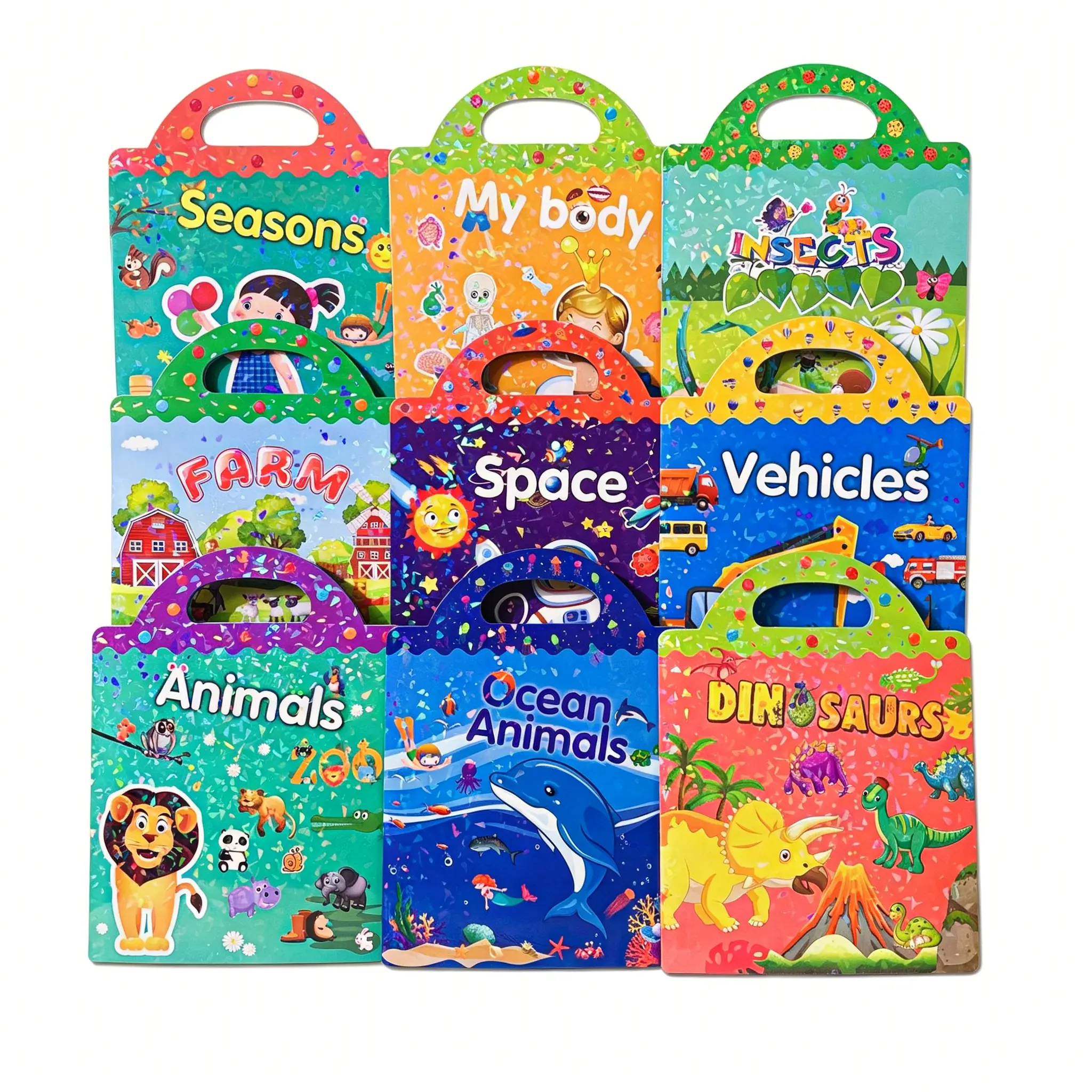 Montessori Learning 3-Piece Reusable Sticker Quiet Book for 3-4 Years Preschool Toddlers - CE-Certified Eco-Materials, Dinosaur/Animal/Human Body Stickers, Waterproof Tear-Resistant Road Trip Book, Boosts Early Cognition, Fine Motor Skills & Creativity