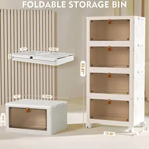 7CODE 4 Tier Plastic Storage Bins with Lids , Stackable Storage Containers with Wheels, Folding Storage Boxes, Collapsible Storage Bins, Closet Organizers and Storage for Living Room,Kitchen,Office