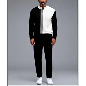 "New European and American men's sportswear set, featuring a half-zipper top paired with matching pants, and a trendy design with a sleeve patch featuring the number 5. The fabric is comfortable, suitable for daily street wear, casual commuting, and effor