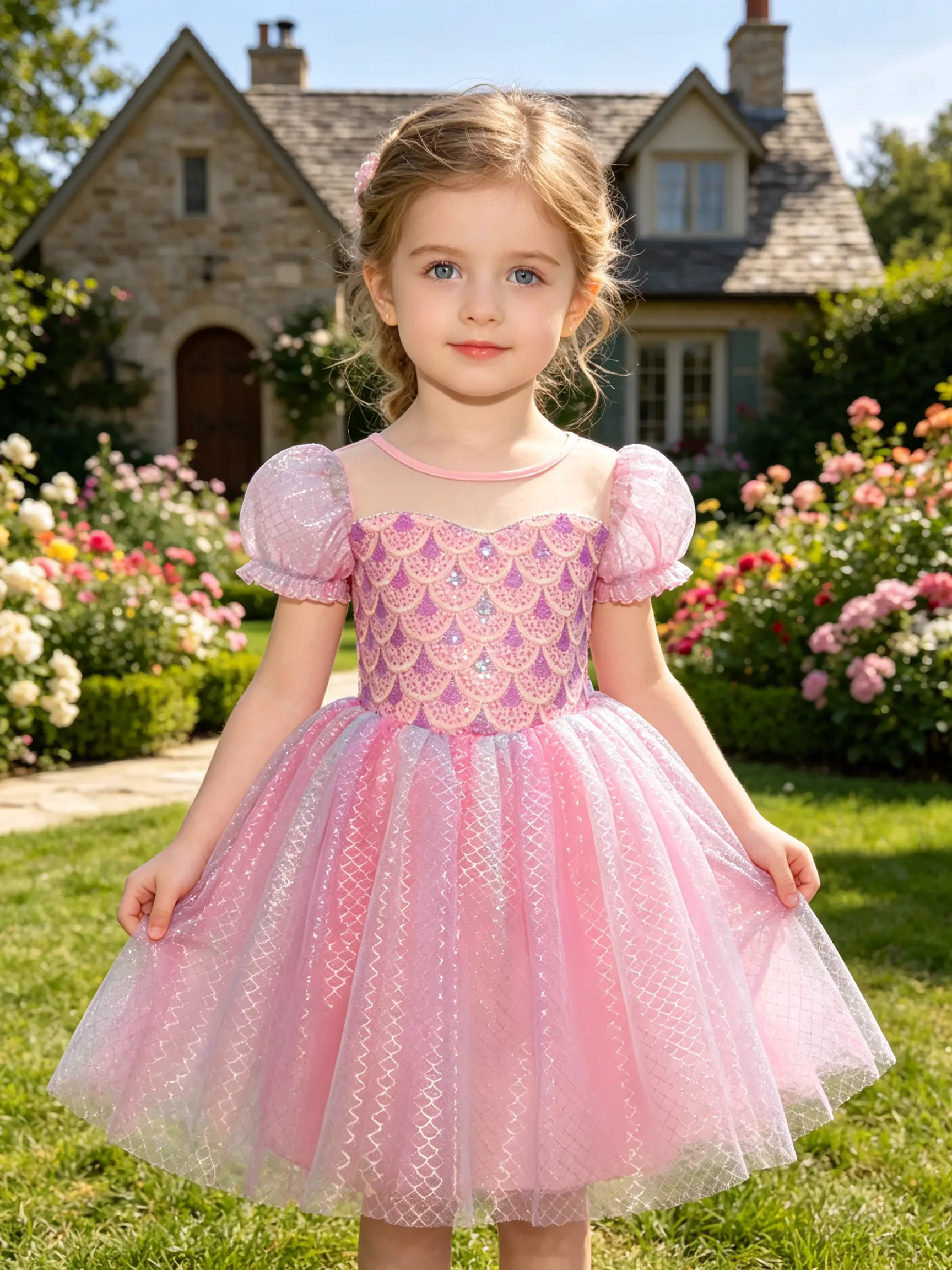 Girls Princess Tutu Dress Pink Gradient, Puff Bubble Short Sleeve, Mesh Round Neck, Scale Sequined Sweetheart Bodice, Glitter Diamond Mesh Layered Tulle Skirt, Toddler Birthday Outfit, Kids Theme Photoshoot & Pretend Play Costume