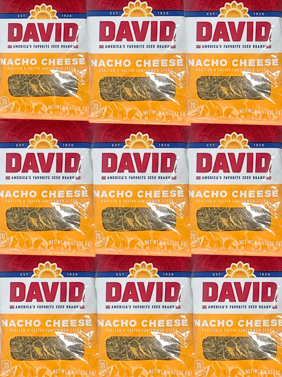 DAVID Nacho Cheese Sunflower Seeds 9 Pack or 12 Pack NYC Bodega Snacks NY Snack Pantry Roasted Salty