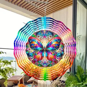 Boho Butterfly Wind Spinner Rainbow Stained Glass Wind Chime for Outdoor Garden Patio Decor Weatherproof Metal Hanging Ornament Gift for Christmas Halloween Easter Bohemian Wind Chime
