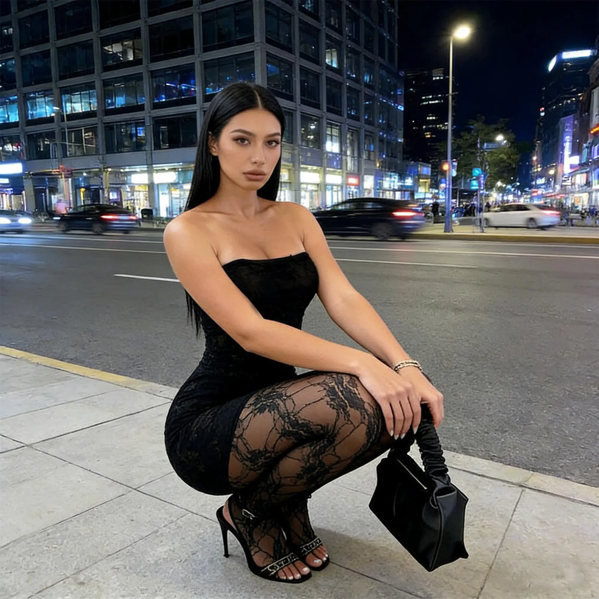 2 piece lace bodycon dress Sexy Lace Strap Bodycon Dress with Slit for Women