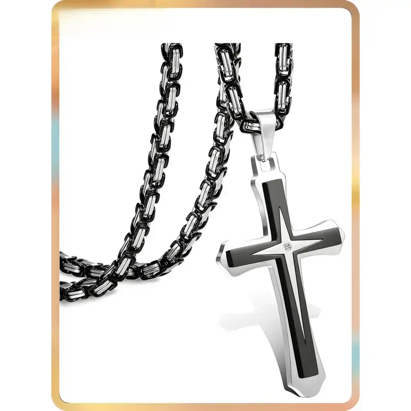 September Laurel  Black 14K Gold Plated Cross Necklace for Men Stainless Steel Byzantine Chain With Cross Pendant Necklace Mens Gift Men's Accessories 22-30Inch neck alace flag