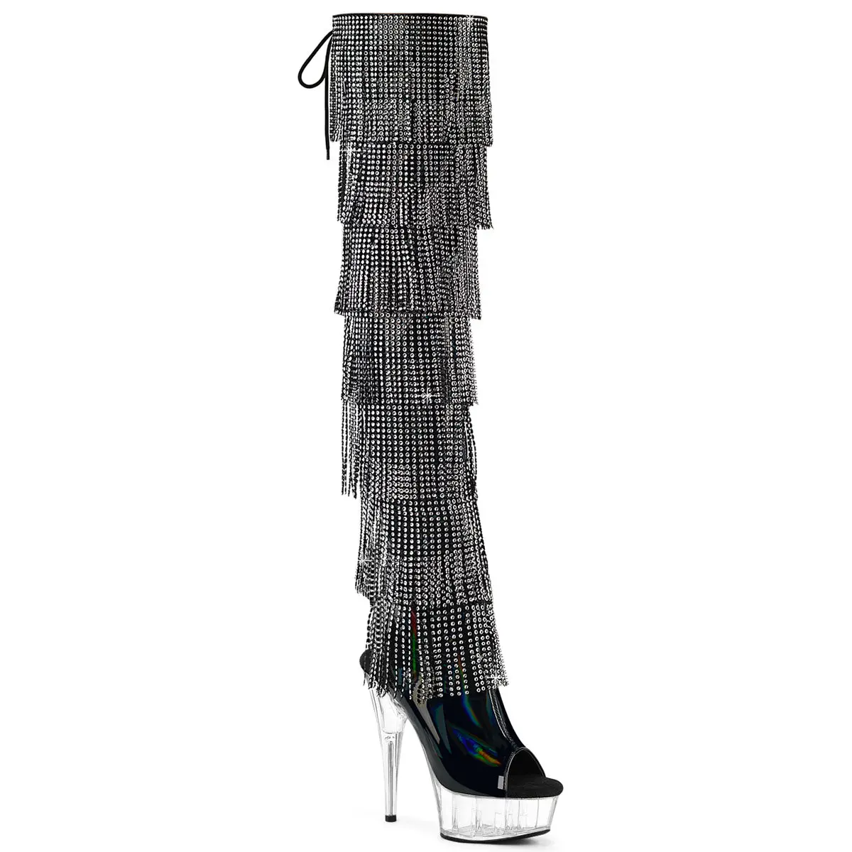 Pleaser Women's Holographic Patent Leather Thigh-High Boots - Open Toe, 6 in Platform Heel, Rhinestone Accents, Back Lace-Up, Side Zip Closure, Statement Footwear
