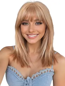 16 Inch Medium Straight Wig with Bangs, Synthetic Material Wigs, Synthetic Fiber, Synthetic Hair, Natural Look, Easy Care, Suitable for All Ages, Versatile for Any Occasion