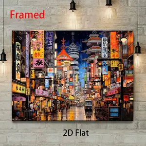 2D canvas poster featuring a neon-lit Tokyo street scene, showcasing traditional architecture and Japanese-style signage in a city night scene. It's a perfect gift for Halloween or Christmas, and this wall art is ideal for decorating an office