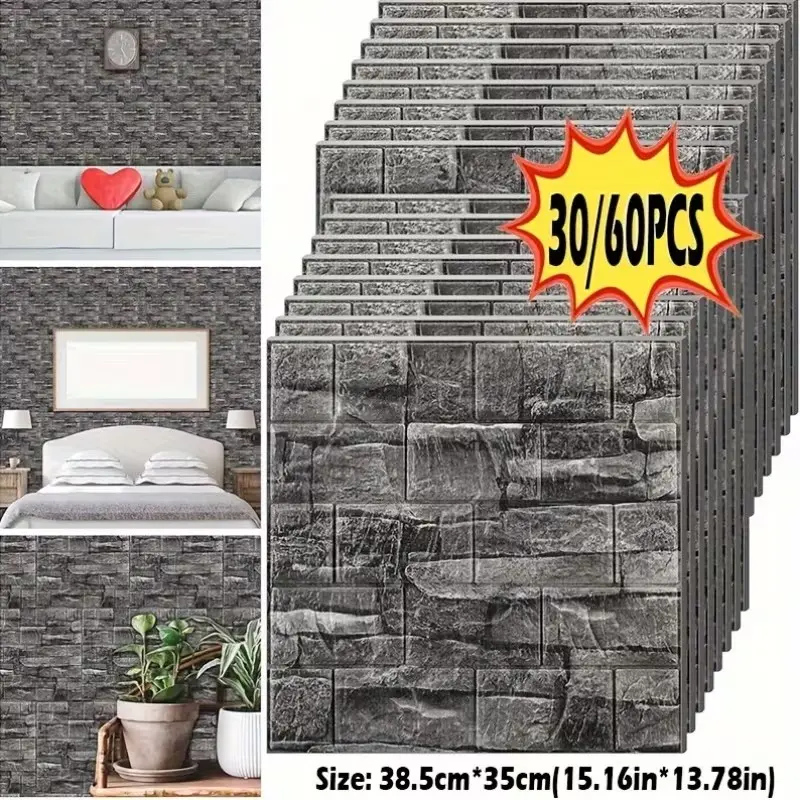 30/60 Sheets 3mm Thick 3D Backed Xpe Foam Wallpaper, Brick Pattern, Waterproof Oil-Resistant, Easy Clean Cut, Kitchen Bathroom Renovation