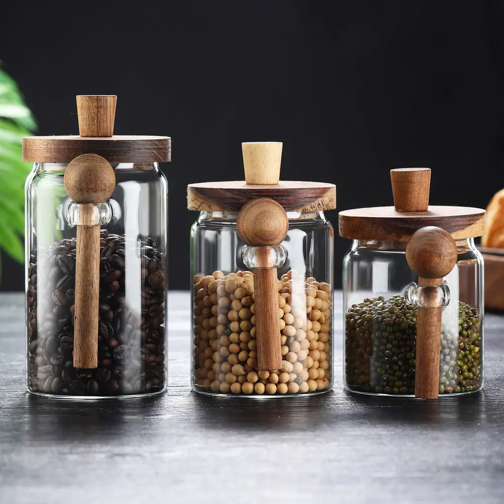 Glass Jars with Wooden Lids and Spoons set of 3,Clear Glass Coffee Containers with Scoop Decorative Kitchen Food Storage Jars for Coffee Beans,Tea,Nut Candy,Sugar,Bath Salts(17OZ/22OZ/27OZ)