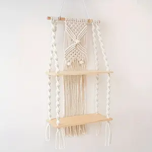 Macrame Wall Hanging Shelf 2 Tier Handmade Boho Hanging Wall Shelf Floating Woven Rope Decorative Storage Racks Holder Organizer for Home Bedroom Bathroom Plants, Beige