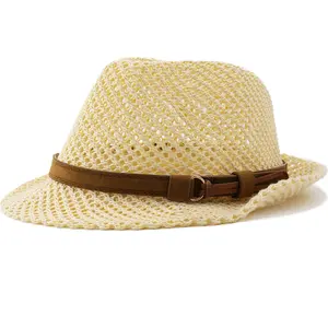 Men's Summer Sunshade Jazz Hat Korean Style Hand-woven Casual Couple Hollowed-out Leather Belt British Straw Hat for Stylish Outings