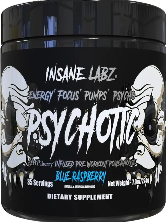 Insane Labz Psychotic Black Edition Mid Stimulant Pre Workout Powder, Energy Focus Pumps, Loaded with Creatine Beta Alanine Taurine Fueled by AMPiberry, 35 Servings (Blue Raspberry)