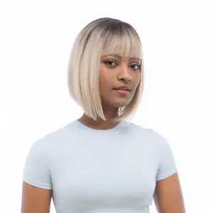 10-Inch Warm Platinum Blonde Blend Ōmbre (Black Roots) Straight Bob Synthetic Wig | 【Heat Resistant】【Cap Included】 | FSGA