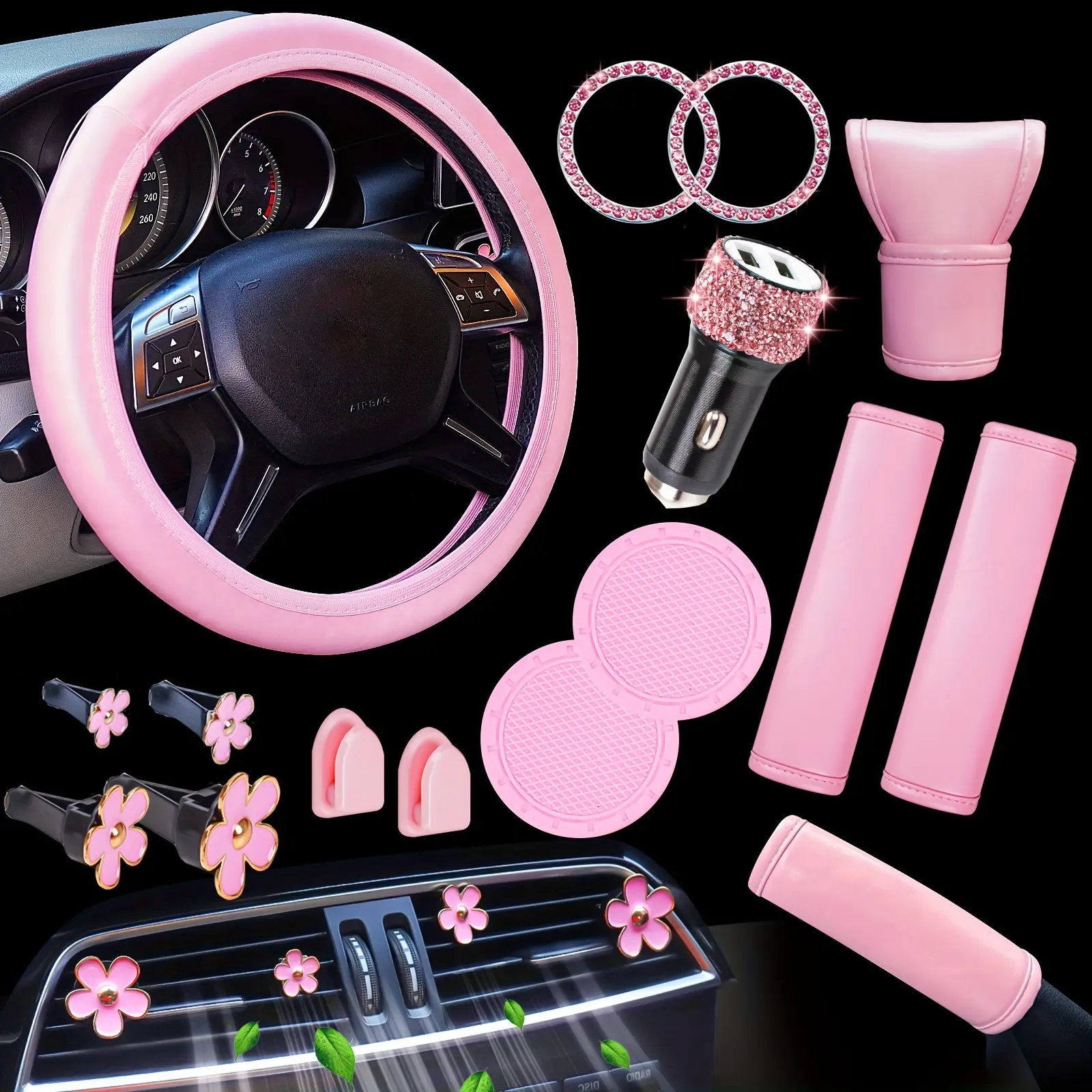 NBTEPEM Women's 16-Pcs Pink Cute Car Interior Kit - Universal 15-In PU Leather Steering Wheel Covers, Dual USB Fast Charging Auto Accessories, Seat Belt Covers, Flower Vent Clips