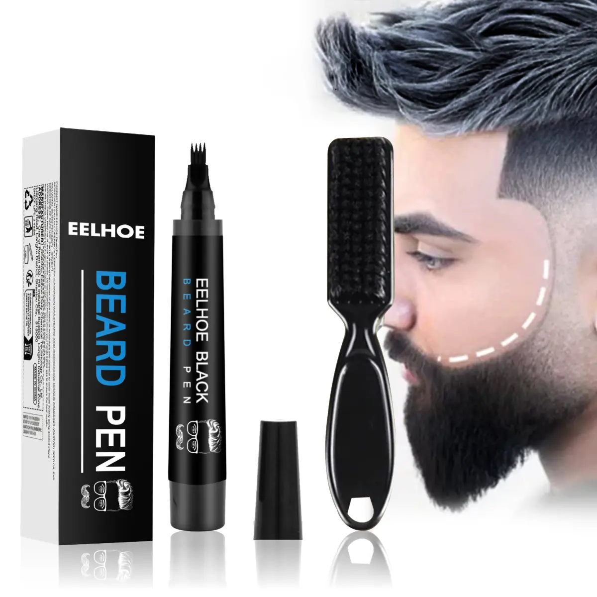 EELHOE Men's Beard Filler Pen Kit with Brush - Waterproof, Sweat-Proof, Smudgeproof Oil Wax Base - Natural Finish for Fuller Thin Beard, Eyebrow & Scalp - Easy-Apply Beauty Products for Father's Day Gifts, Beard Brush