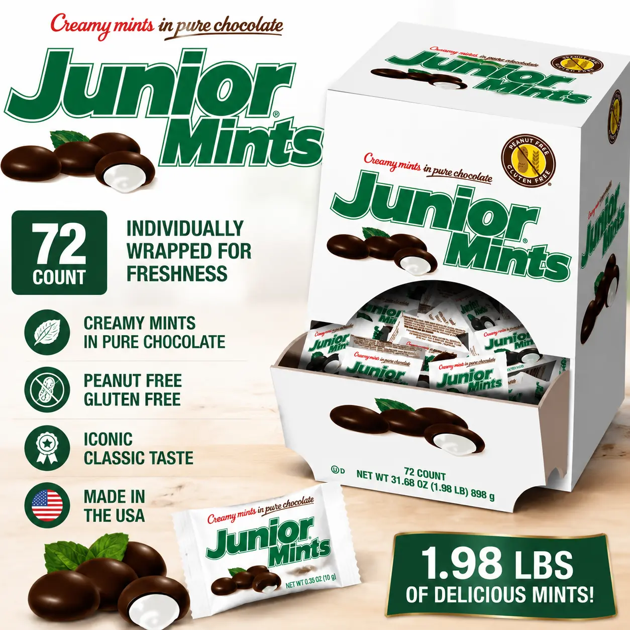 Junior Mints Chocolate Covered Peppermint Candy, 72-Count Changemaker Box, 1.98lb Bulk Theater Treats