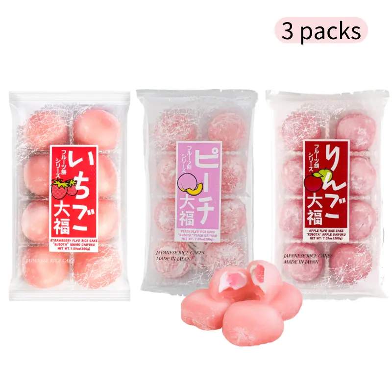 KUBOTA Japanese Mochi Daifuku - Peach Flavor (200g), Straberry Flavor (200g), Apple Flavor (200g) - 3-Flavor Bundle Pack - Soft Rice Cake Dessert Snacks