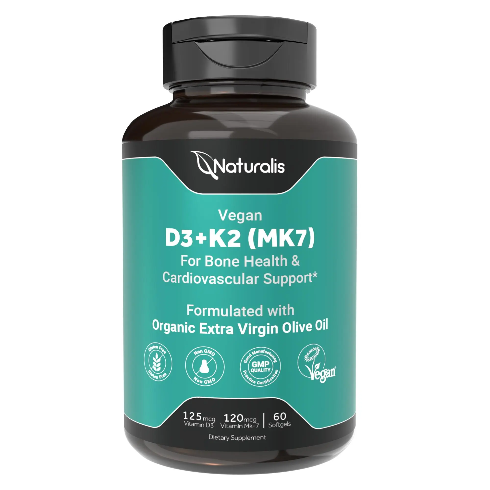 Naturalis Vegan Vitamin D3+K2 from Algae | 5000 IU D3 with 120mcg MK7 | Vegan Society Certified,Sustainably Sourced,Better Than Animal Derived | Better Support for Bone & Immune Health*