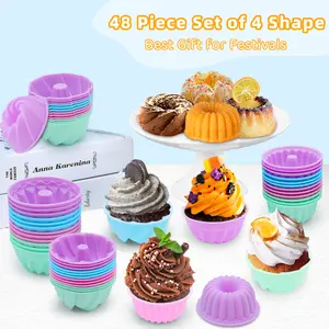48 Pieces Donut Mold, Non-Stick, Reusable Baking Cups, 2.75/3.15 Inch 4 Shape Mini Silicone Molds, Heat Resistant Bakeware for Bagel, Muffin, Jello and Cake Baking
