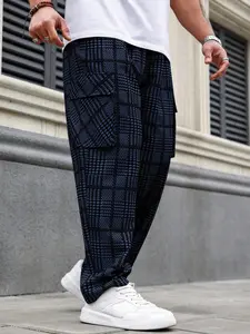 Men's Plus Size High-Quality Plaid Work Pants, Loose Fit Casual Trousers, Drawstring Waist Multi-Pocket Street Style Long Pants